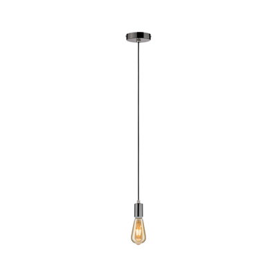 Modern pendant light with black cord and chrome socket, visible warm white bulb for ambient lighting