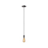 Modern pendant light with black cord and chrome socket, visible warm white bulb for ambient lighting