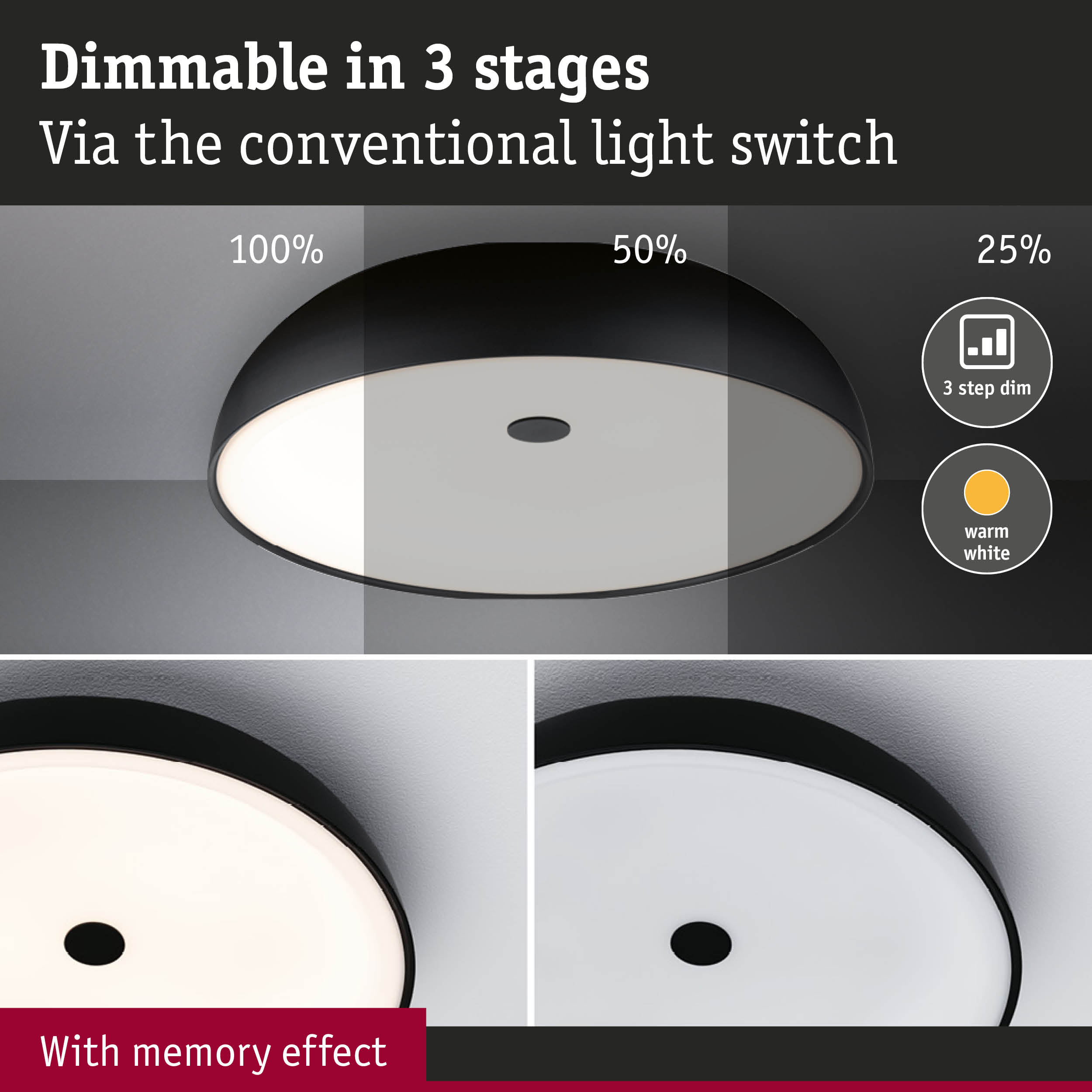 Black ceiling LED light dimmable in 3 stages with memory effect, providing warm white illumination