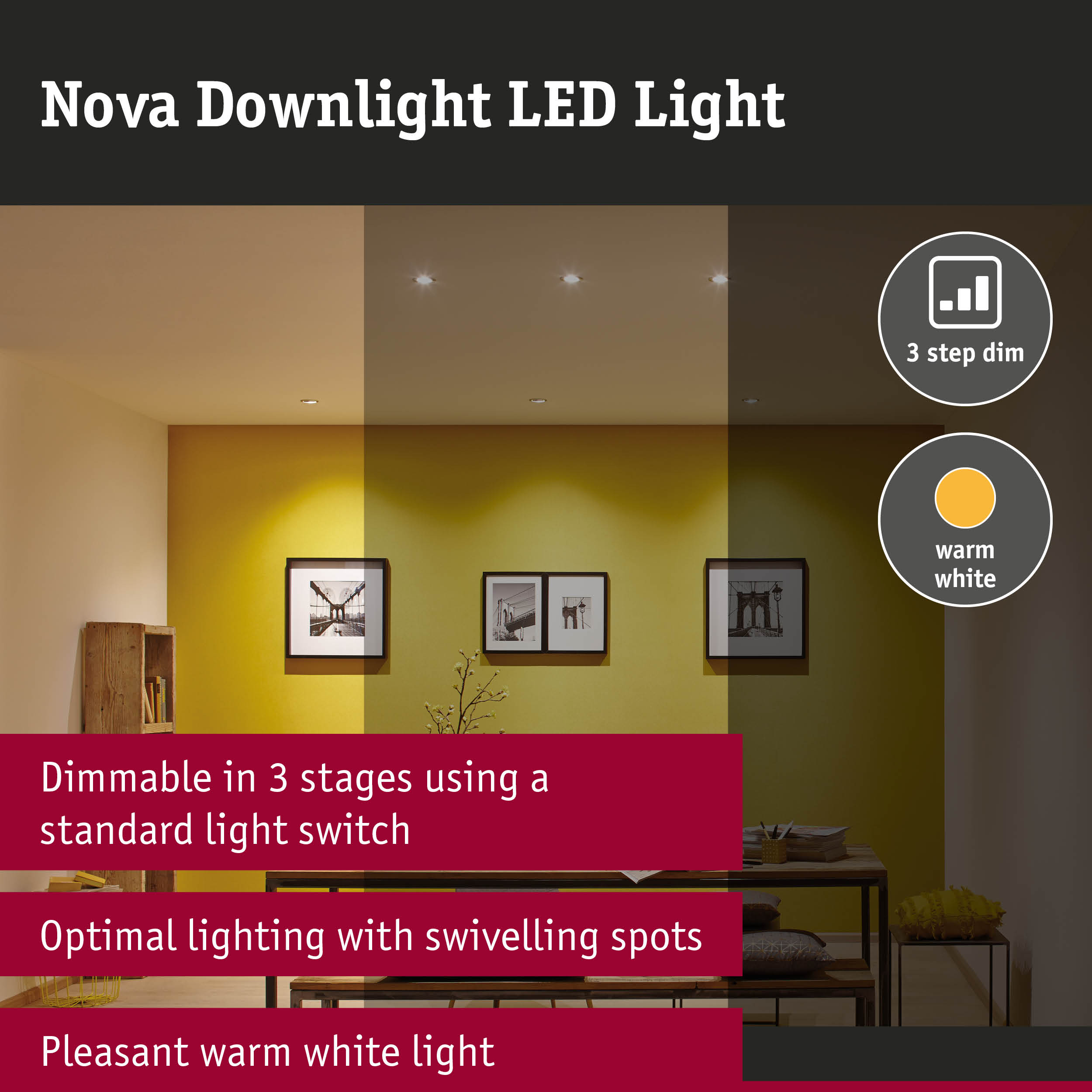 LED Downlight 3-Step-Dim Nova Swivelling round 84mm 50° GU10 6,5W 460lm 230V dimmable 2700K Matt white