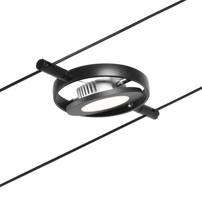 Black metal LED cable spotlight with round head and warm white light for modern lighting solutions