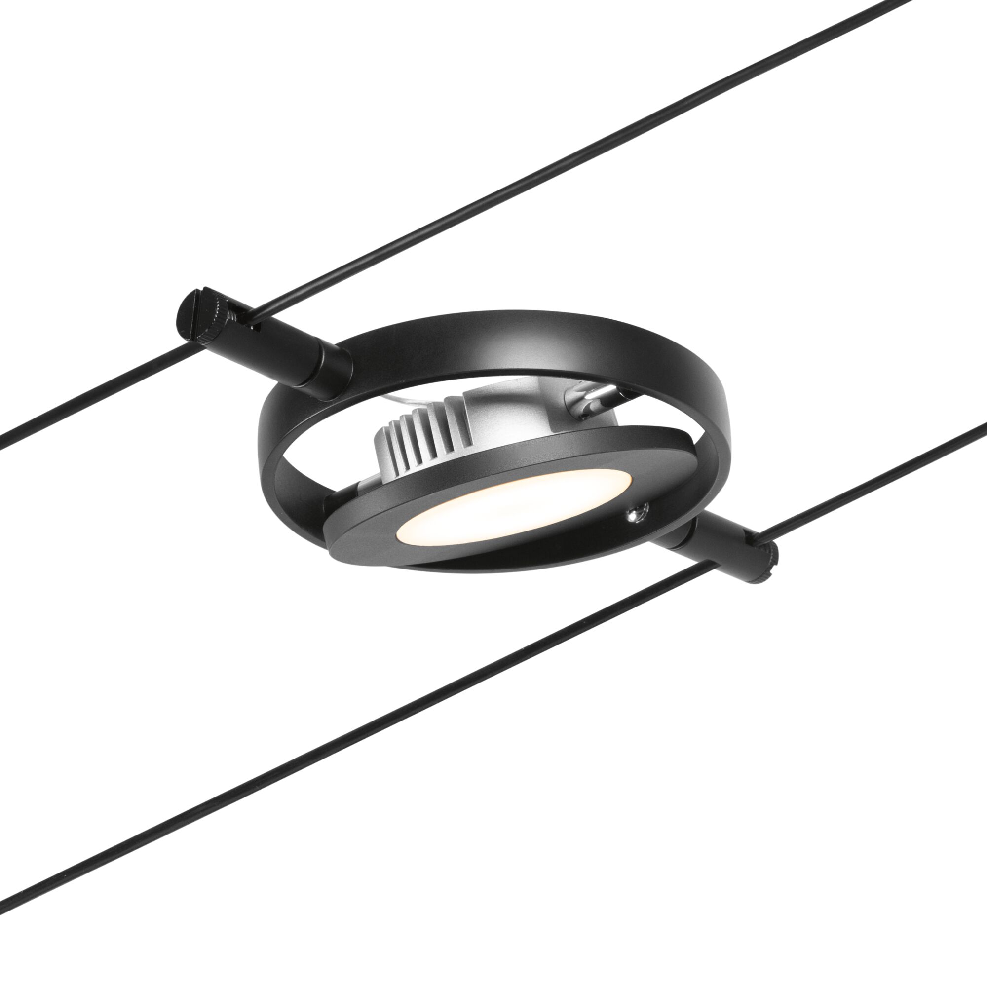 Zwarte metalen LED-kabelspot met ronde kop en warm wit licht voor moderne verlichting