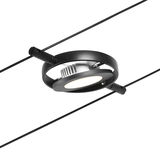 Zwarte metalen LED-kabelspot met ronde kop en warm wit licht voor moderne verlichting