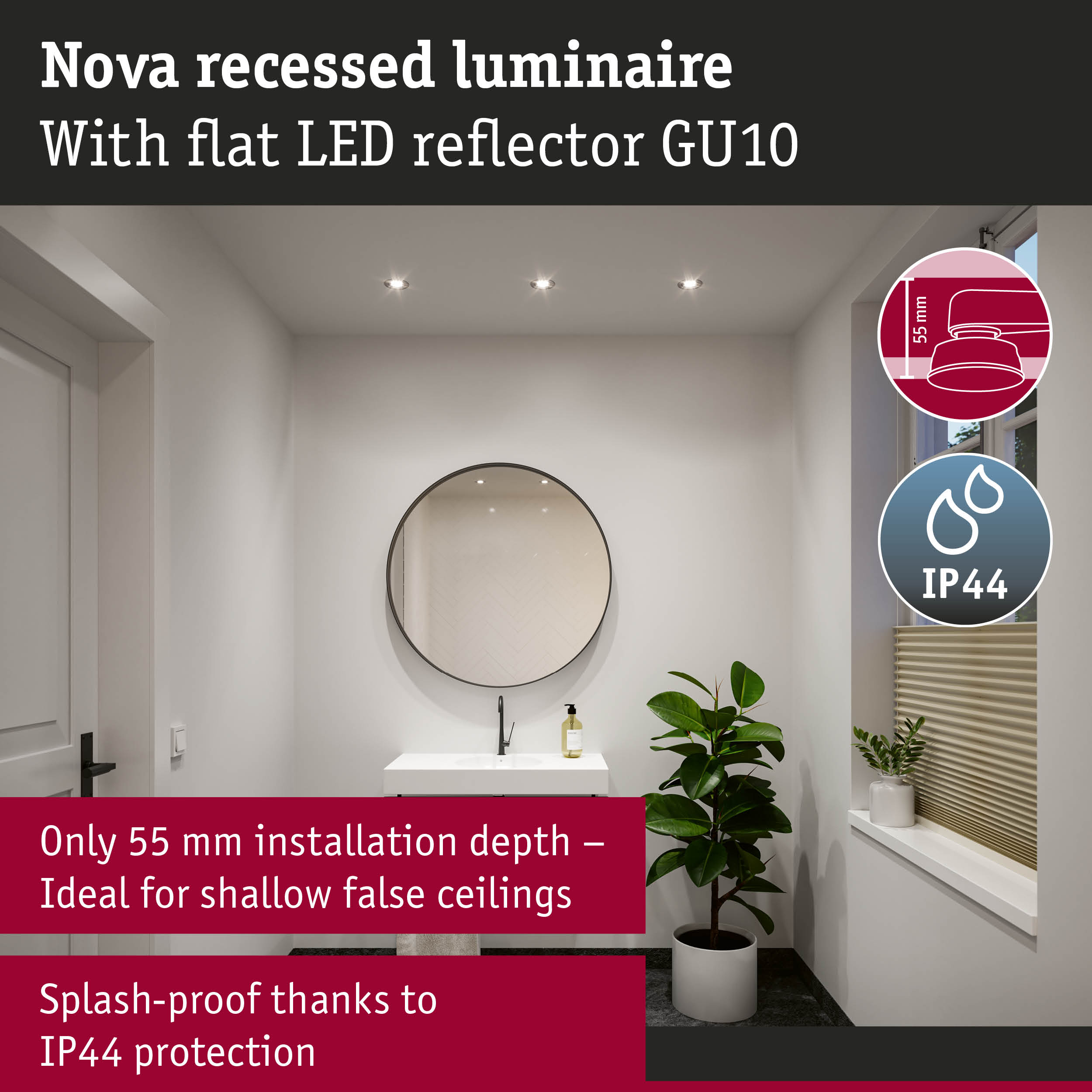 Nova recessed luminaire with flat LED reflector GU10, white, perfect for shallow ceilings, splash-proof IP44