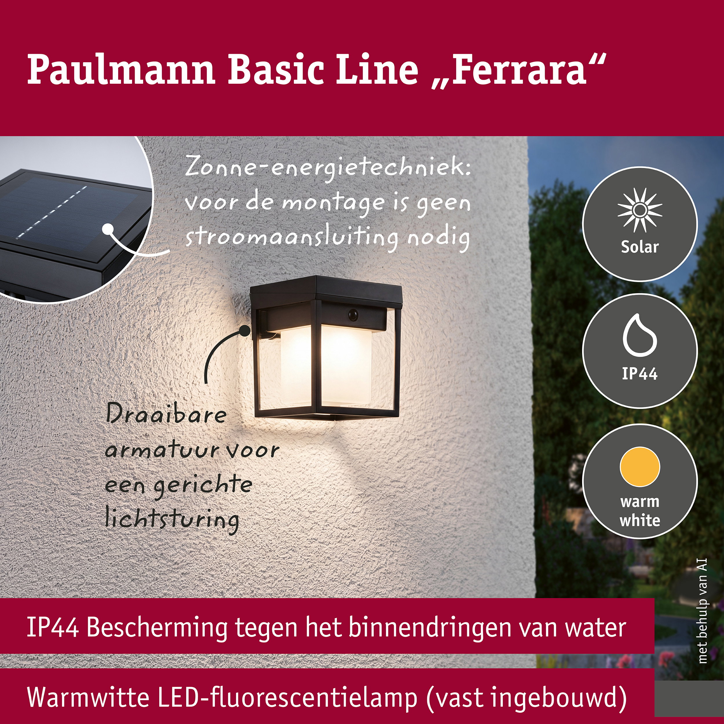 Solar LED-wandarmatuur voor buiten Ferrara IP44 hoekig 121x156mm 3000K 4,2W 400lm 3,7V Zwart
