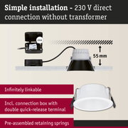 White recessed downlight with cable and connection box for simple 230 V installation without transformer