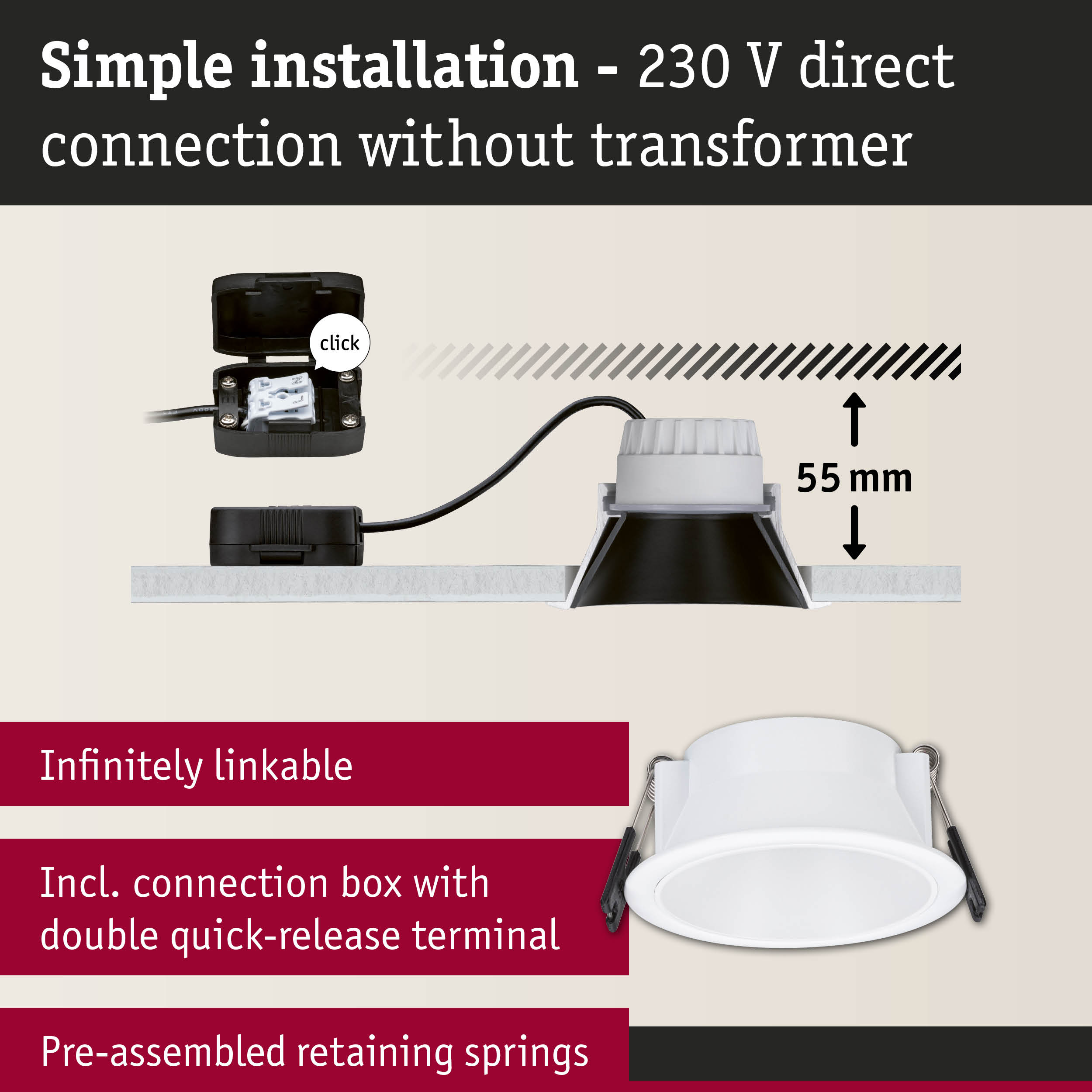 White recessed downlight with cable and connection box for simple 230 V installation without transformer