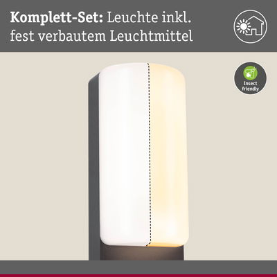 Moderne Wandlampe mit fest verbautem Leuchtmittel, weißer Kunststoff und grauer Sockel, insektenfreundlich