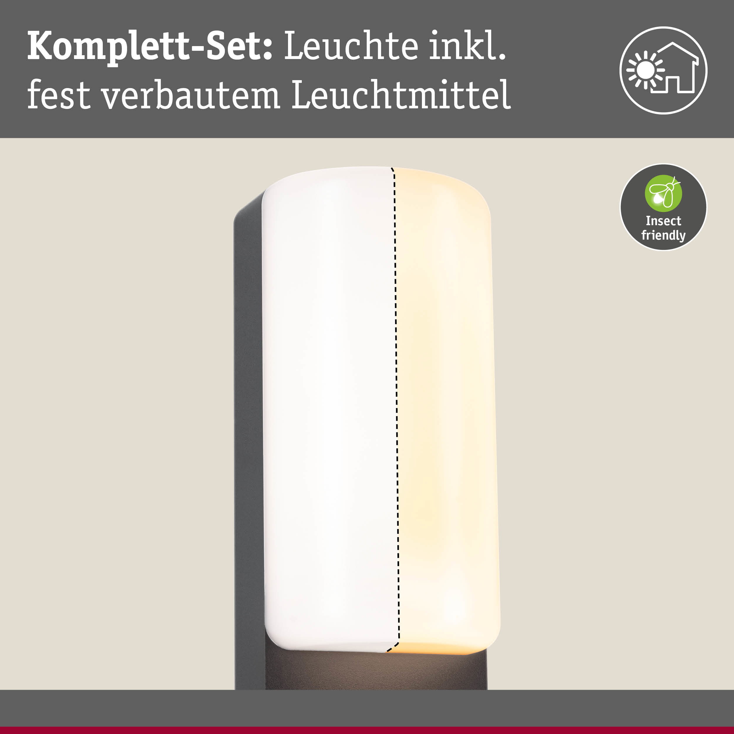 Moderne Wandlampe mit weißem Kunststoffschirm und integriertem Leuchtmittel, insektenfreundliche Außenleuchte