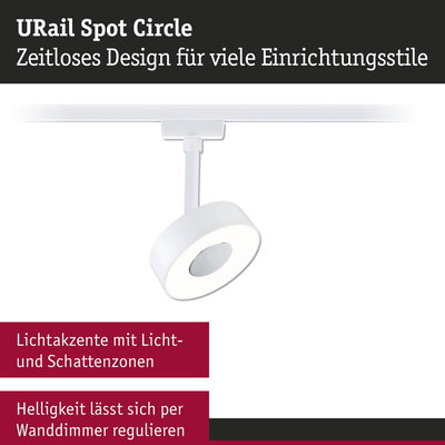 Weißer URail Spot Circle LED-Strahler mit dimmbarer Helligkeit und modernem Design für Wohnräume