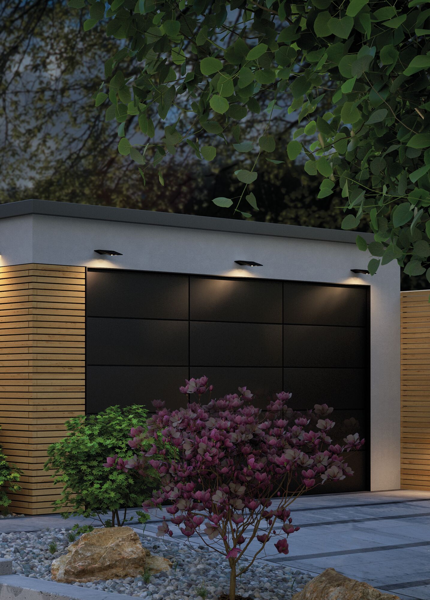 Mur extérieur moderne avec porte de garage noire, bardage en bois et appliques LED pour éclairage jardin