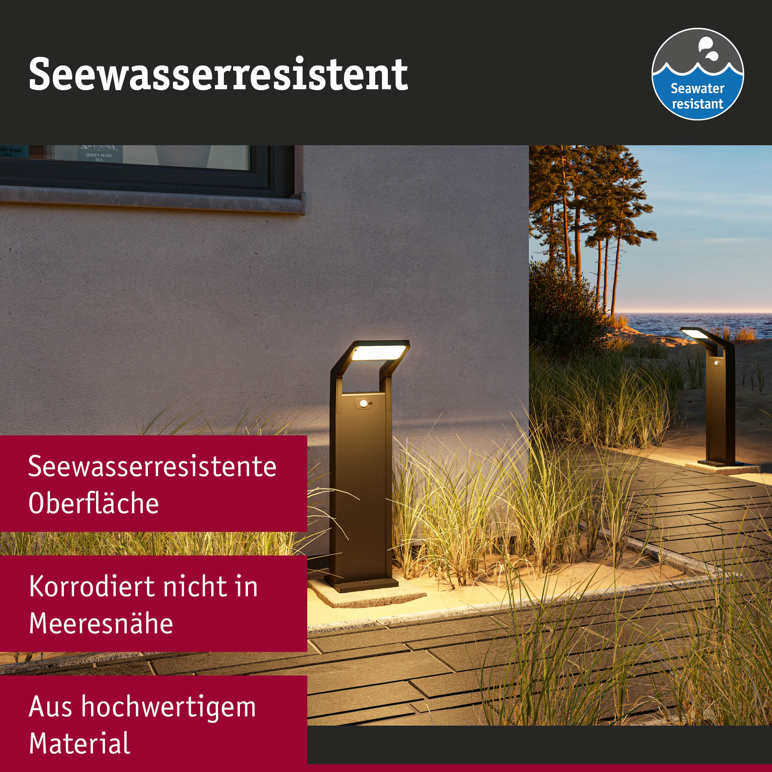 Seewasserresistenter Außenleuchte aus hochwertigem Material mit moderner LED-Beleuchtung am Meer