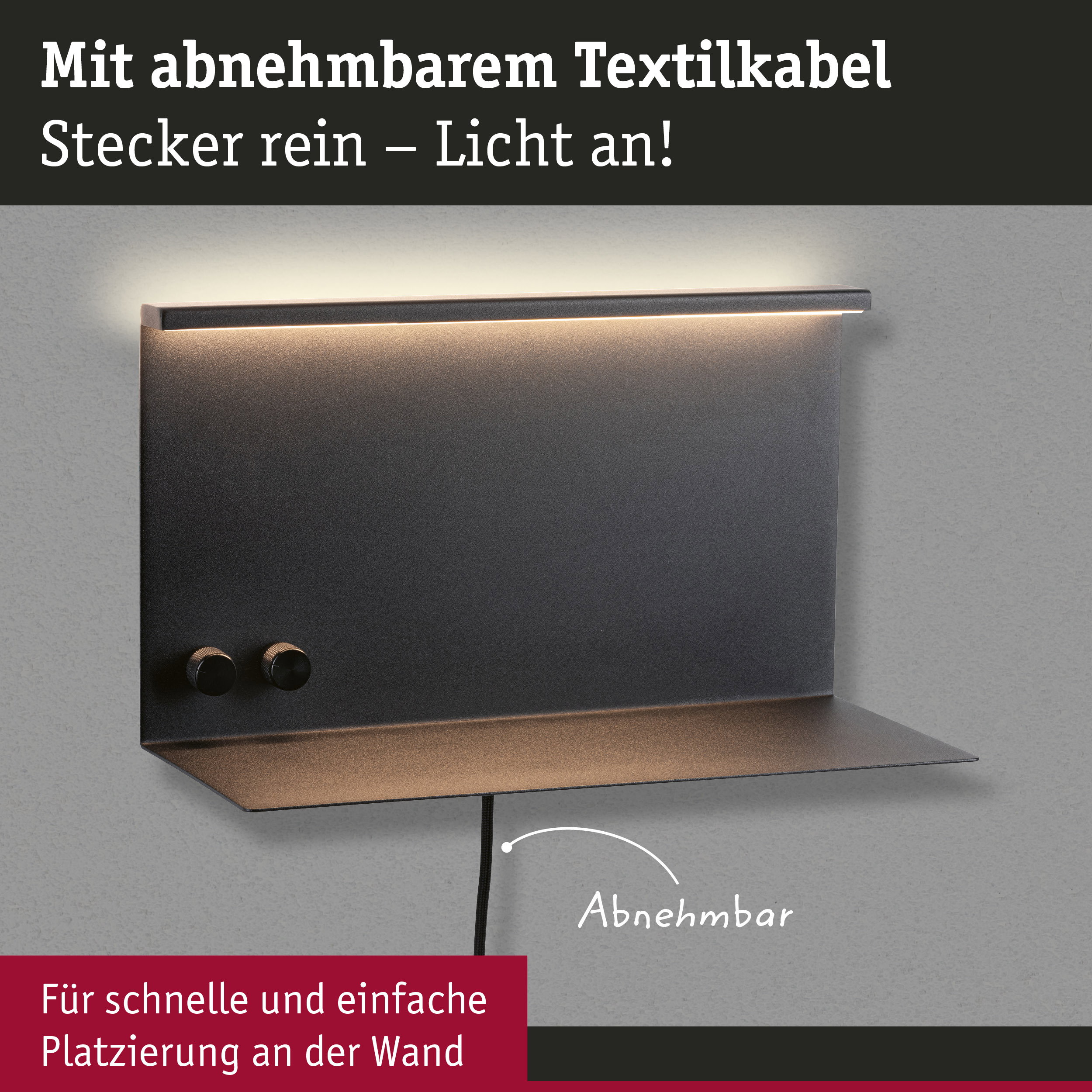 Schwarze Wandlampe aus Metall mit abnehmbarem Textilkabel und warmweißem LED-Licht für einfache Montage