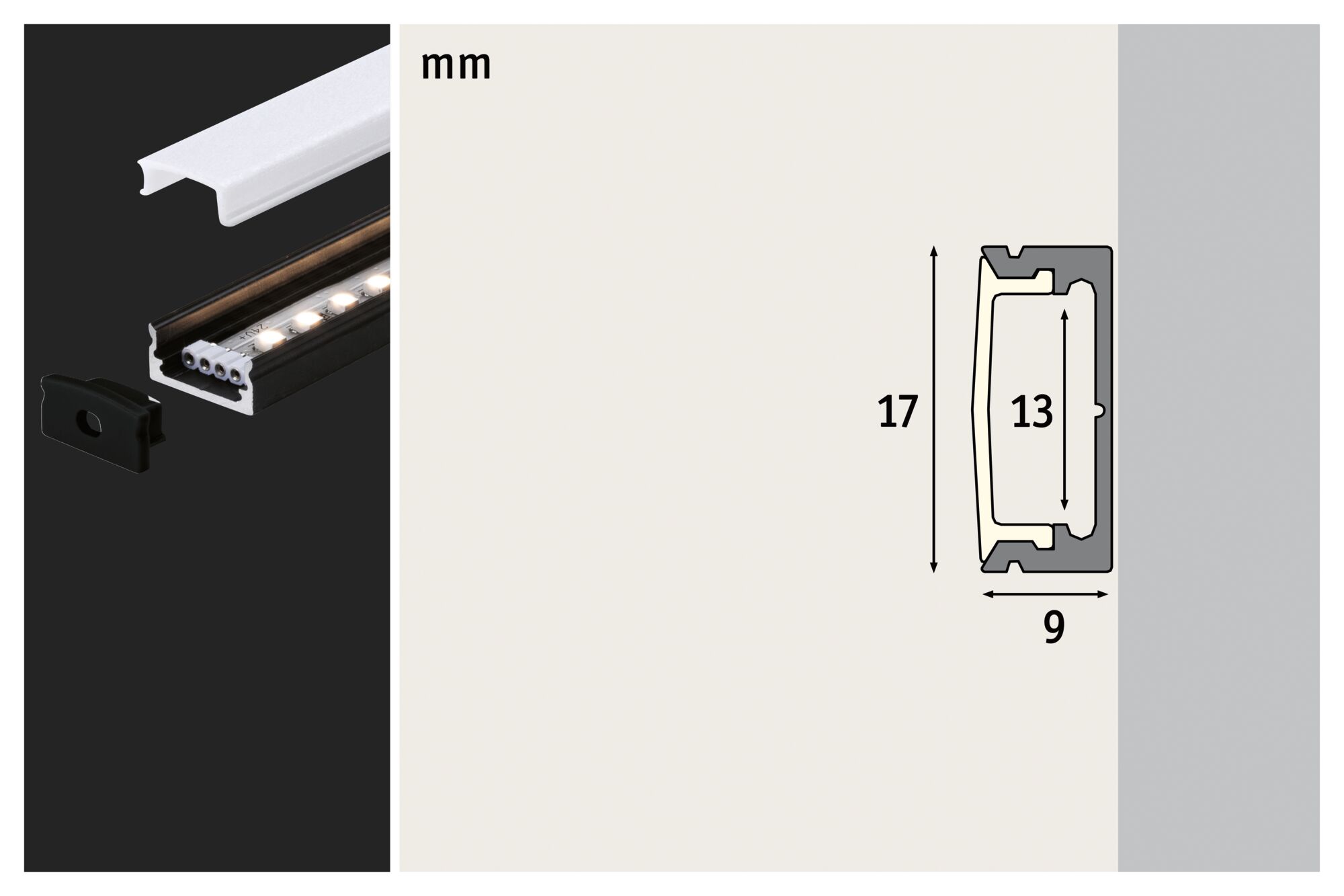 Black aluminum LED profile with white diffuser and end cap, technical drawing showing 17x9 mm dimensions.