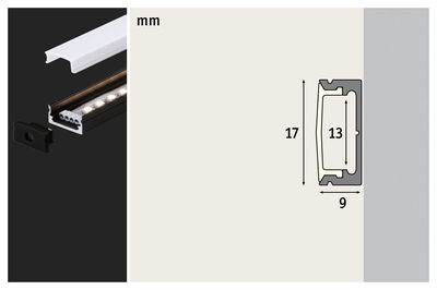 Black aluminum LED profile with white diffuser and end cap, technical drawing showing 17x9 mm dimensions.