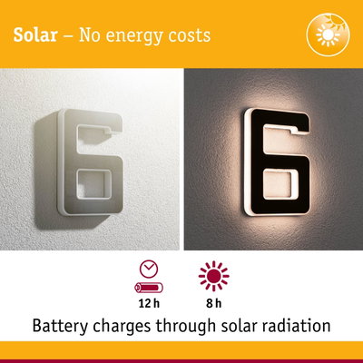 Solar-powered house number 6 with LED light in black and white, energy-saving outdoor lighting