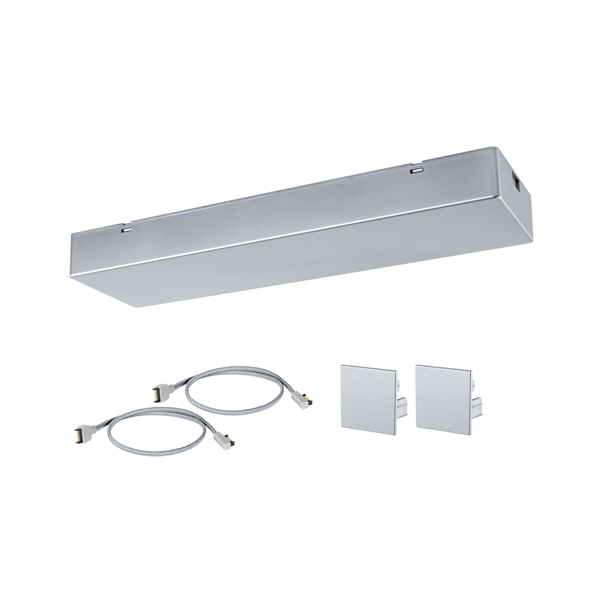 Silver aluminum LED driver with two connection cables and two covers for LED lighting systems