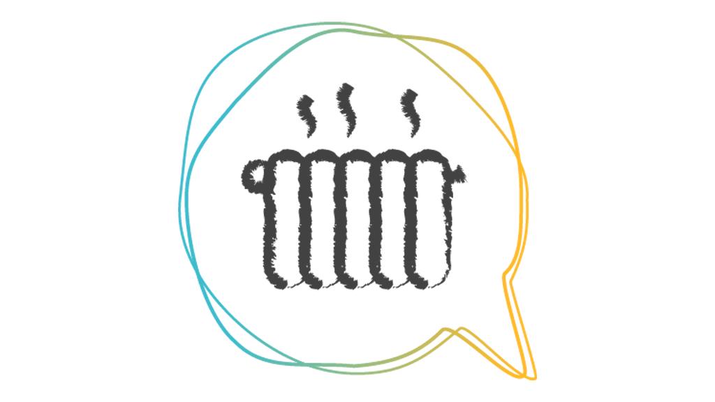 Skizze eines Heizkörpers mit drei Dampfwolken in einer mehrfarbigen Sprechblase für nachhaltige Heiztechnik.