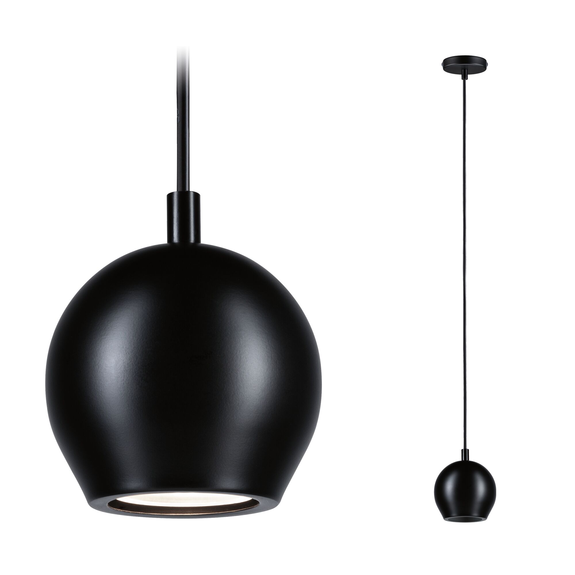 Schwarze Metall-Pendelleuchte mit kugelförmigem Lampenschirm und LED-Beleuchtung für moderne Innenräume