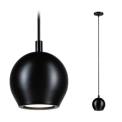 Black metal pendant lamp with spherical shade and LED light, ideal for modern interior lighting solutions