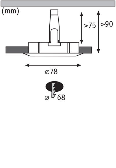 Technische Zeichnung eines Einbaustrahler mit 78 mm Durchmesser und 90 mm Einbautiefe.