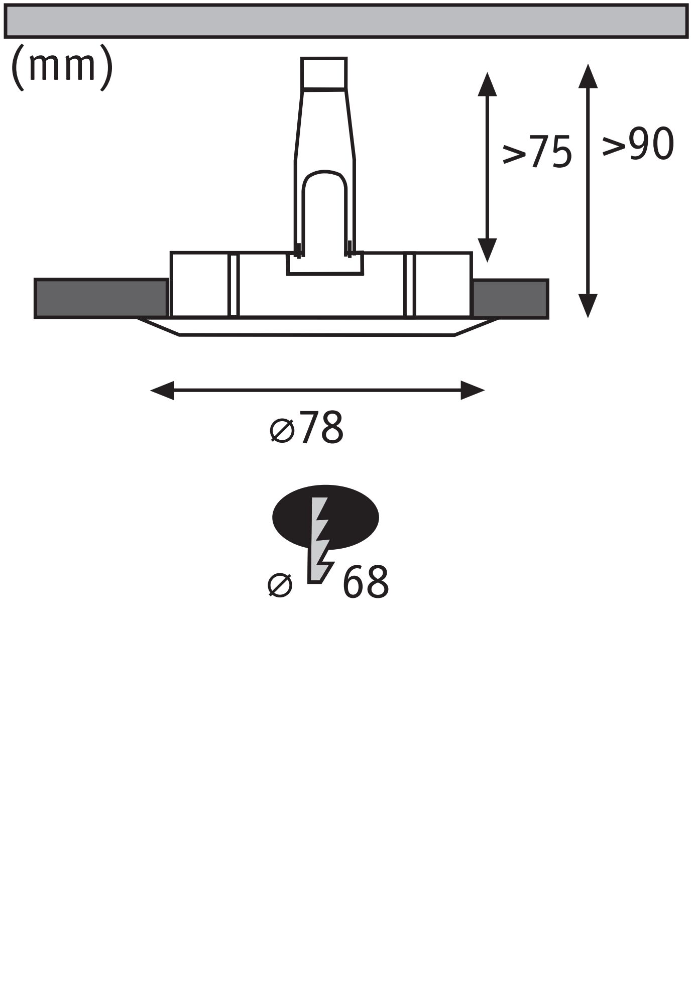 Technische tekening van inbouwspot met 78 mm diameter en 90 mm inbouwdiepte.
