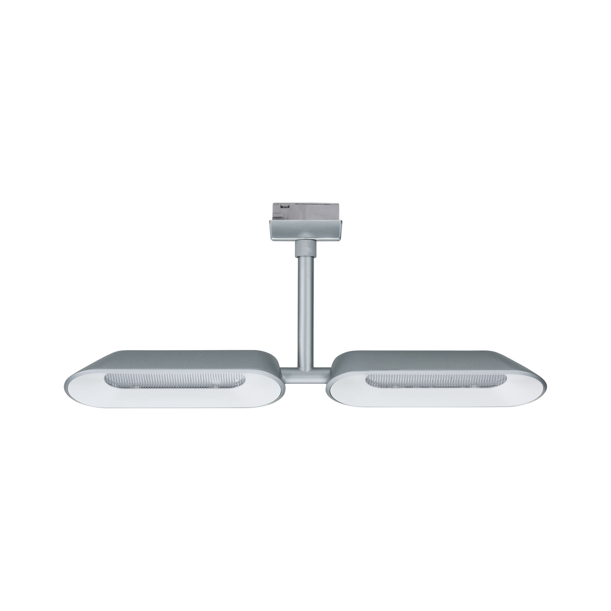 Modern silver metal ceiling spotlight with two elongated heads for versatile indoor lighting