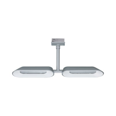 Modern silver metal ceiling spotlight with two elongated heads for versatile indoor lighting