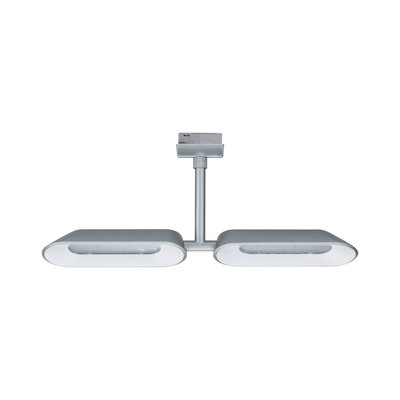 Moderne zilverkleurige metalen plafondspot met twee langwerpige lampkoppen voor binnenverlichting