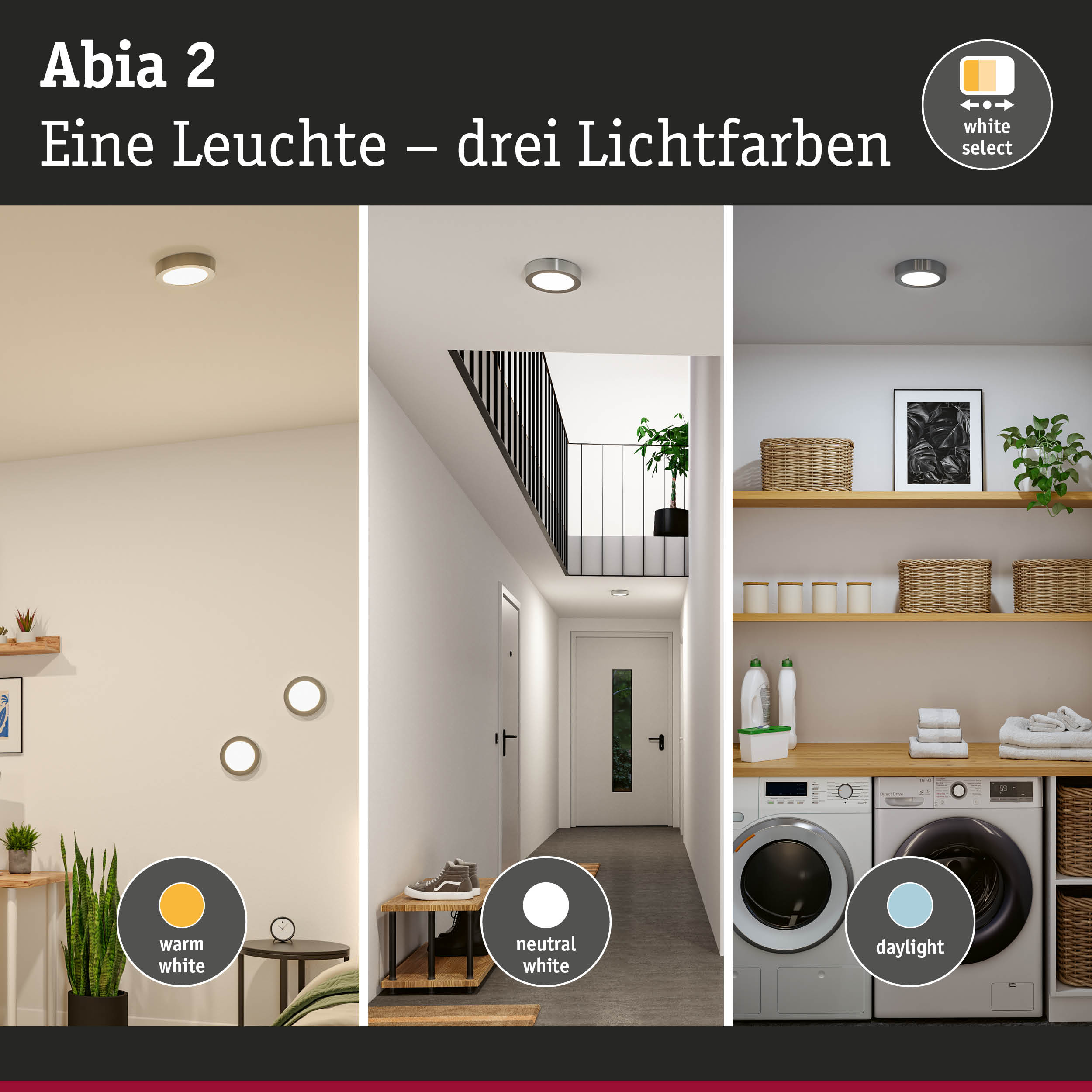 Abia 2 Deckenleuchte mit drei Lichtfarben warmweiß, neutralweiß und tageslicht für Wohnräume
