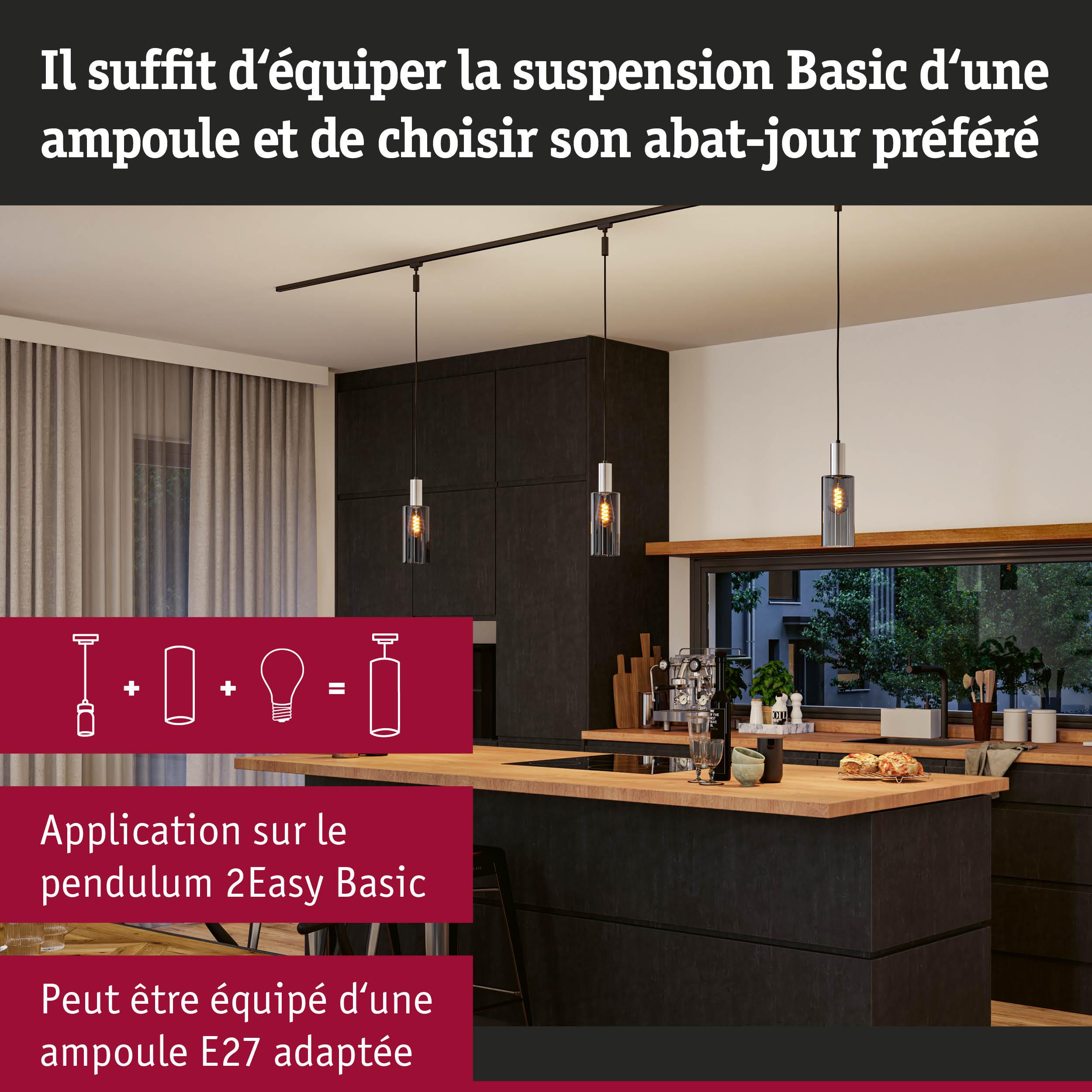 Cuisine moderne avec trois suspensions Basic en verre équipées d’ampoules LED E27