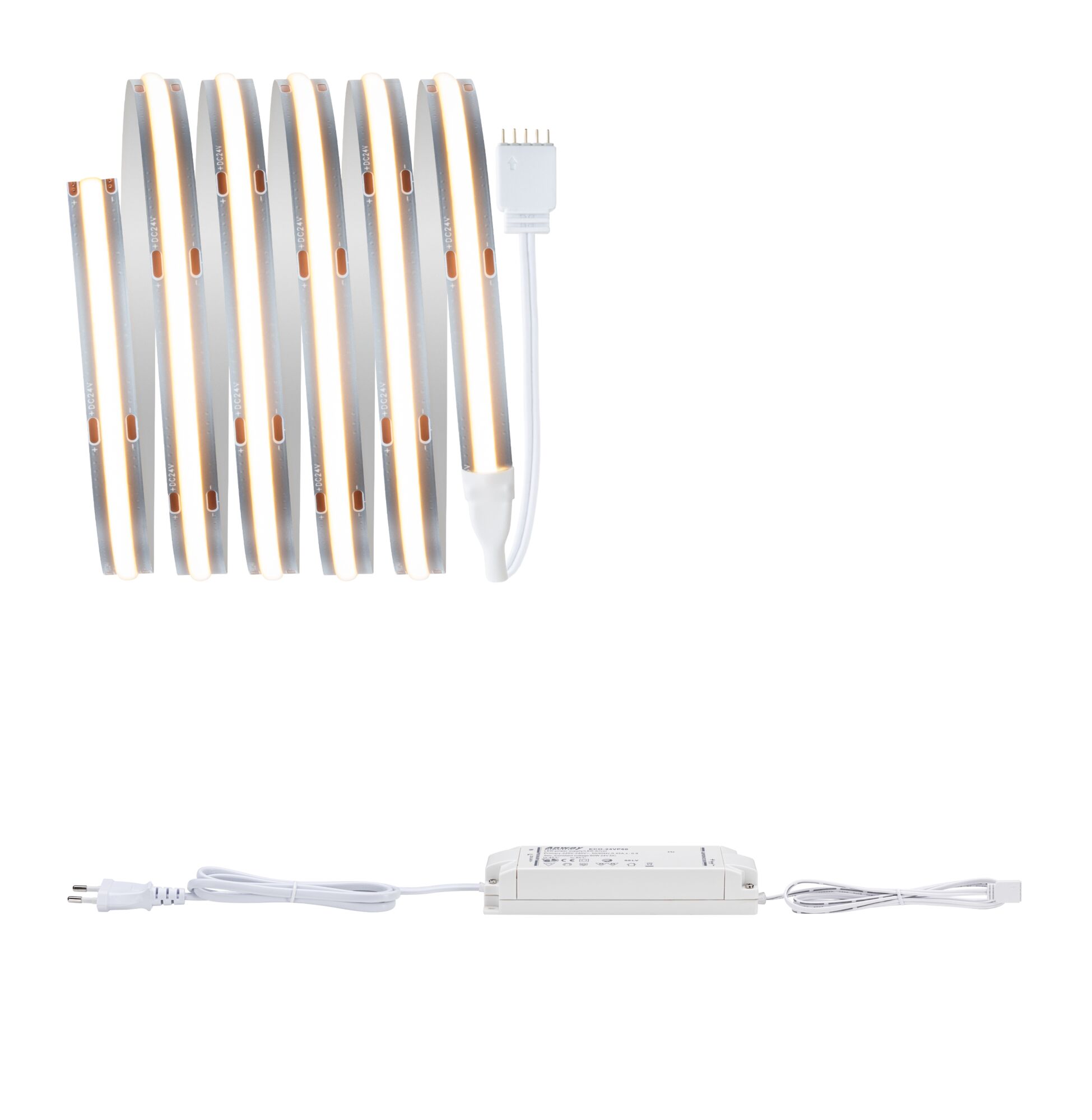 MaxLED 1000 Strip LED Kit de base COB 1,5m Blanc chaud 1,5m 18W 1080lm/m 528 LEDs/m 2700K 40VA Bande LED flexible avec alimentation blanche et câble pour éclairage intérieur et décoration