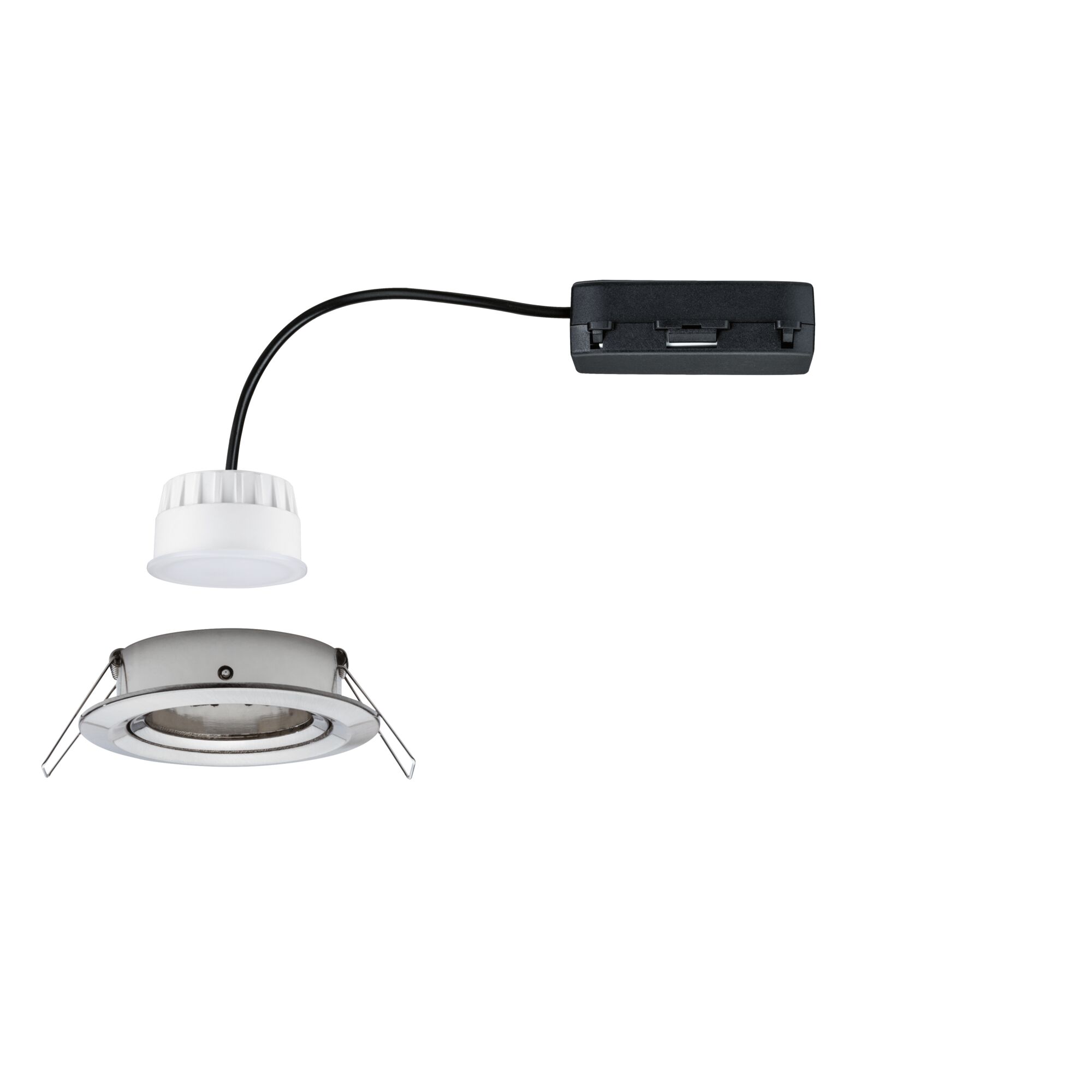 Hvid LED-indbygningsspot med sort kabel og sølv metalramme til moderne belysning