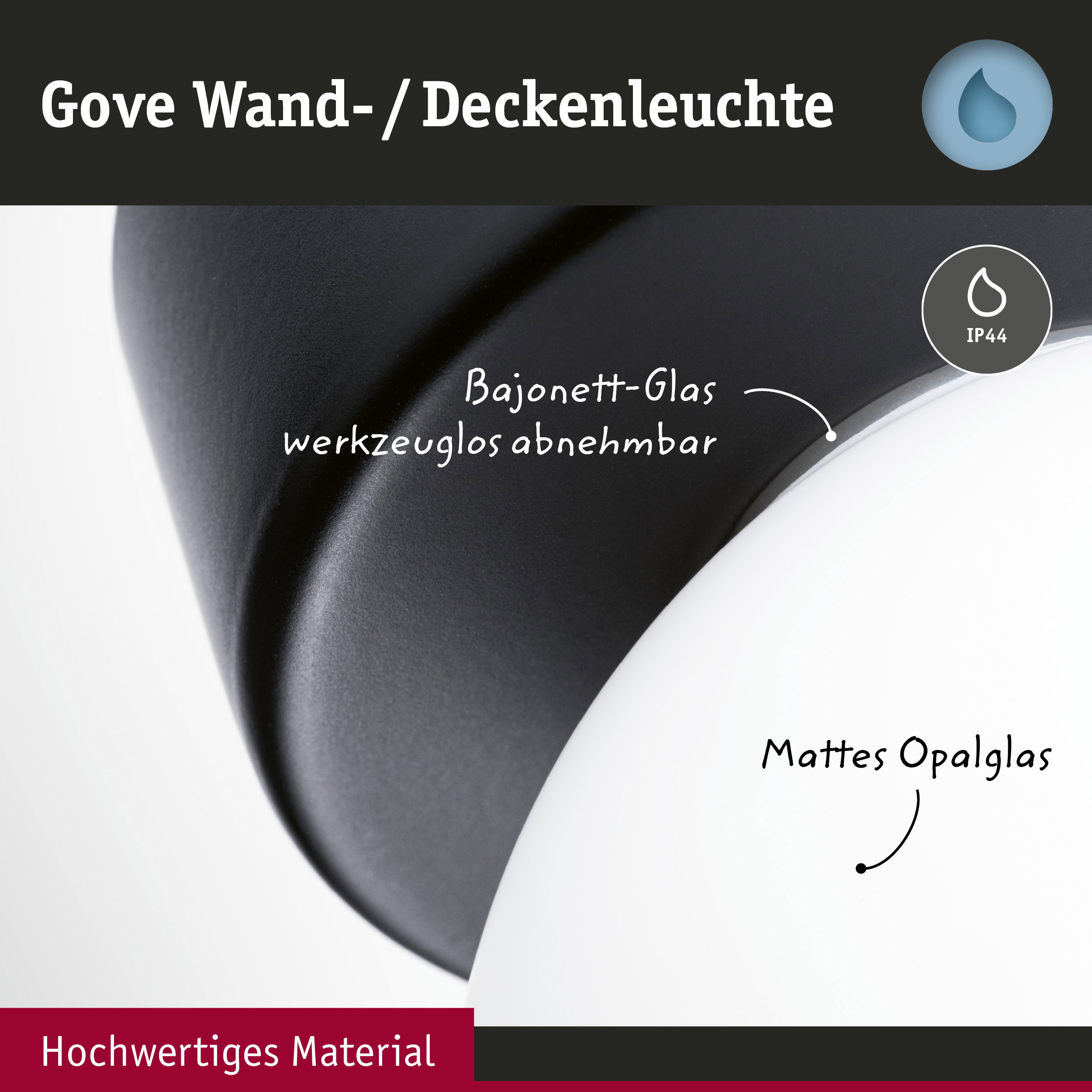 Gove Wand- und Deckenleuchte mit mattem Opalglas und schwarzem Gehäuse, IP44 Schutz für Badbeleuchtung