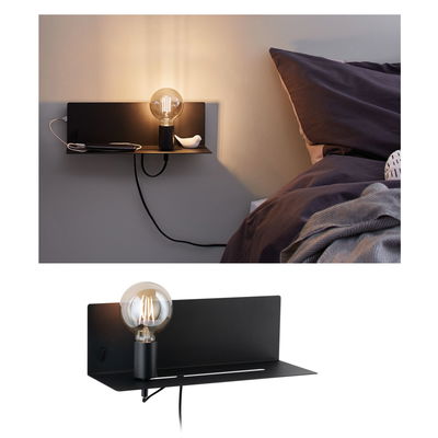 Black metal wall lamp with LED bulb and shelf, modern bedroom lighting solution