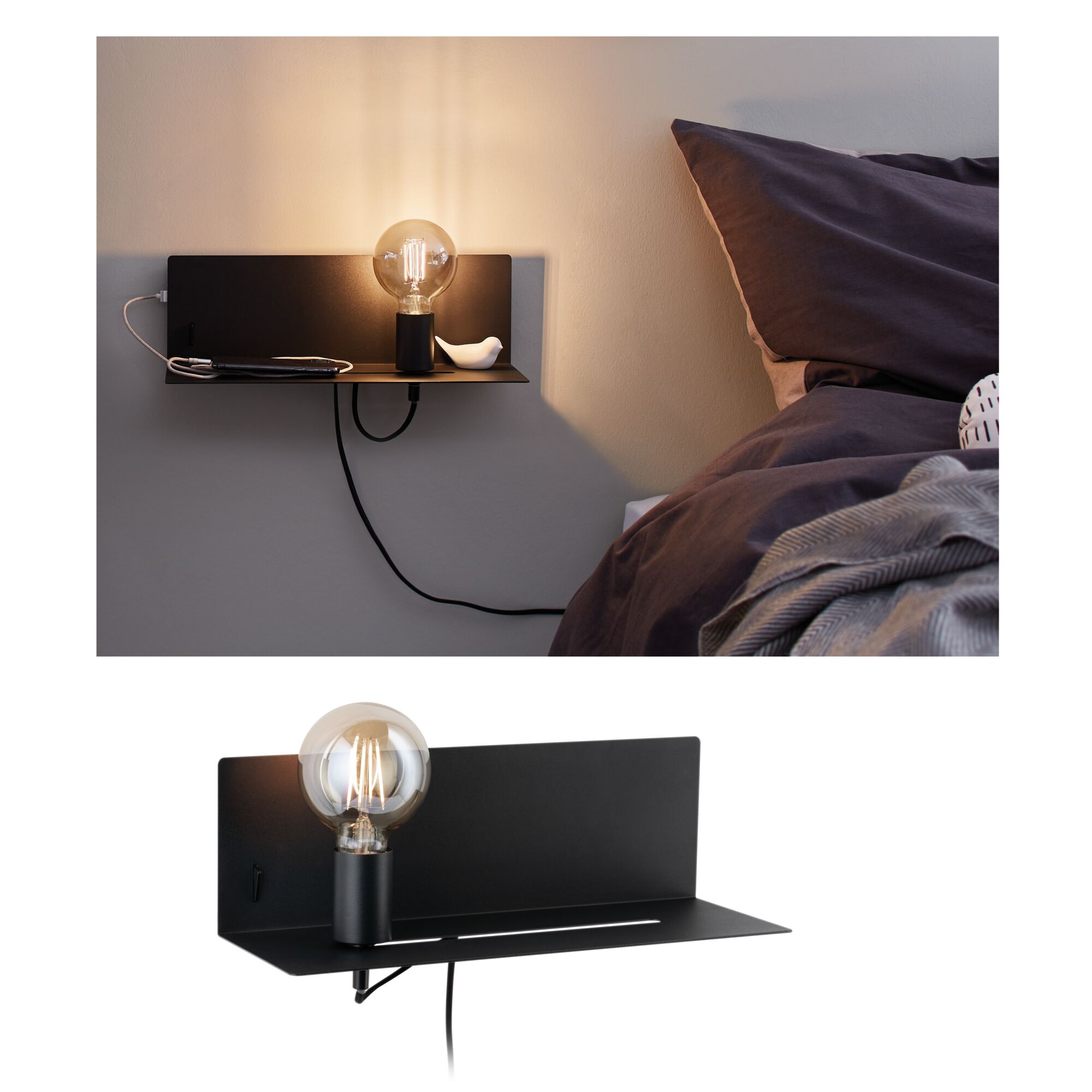 Wandlamp Devara E27 230V max. 40W dimbaar Zwart Zwarte metalen wandlamp met LED-lamp en plank, moderne slaapkamerverlichting