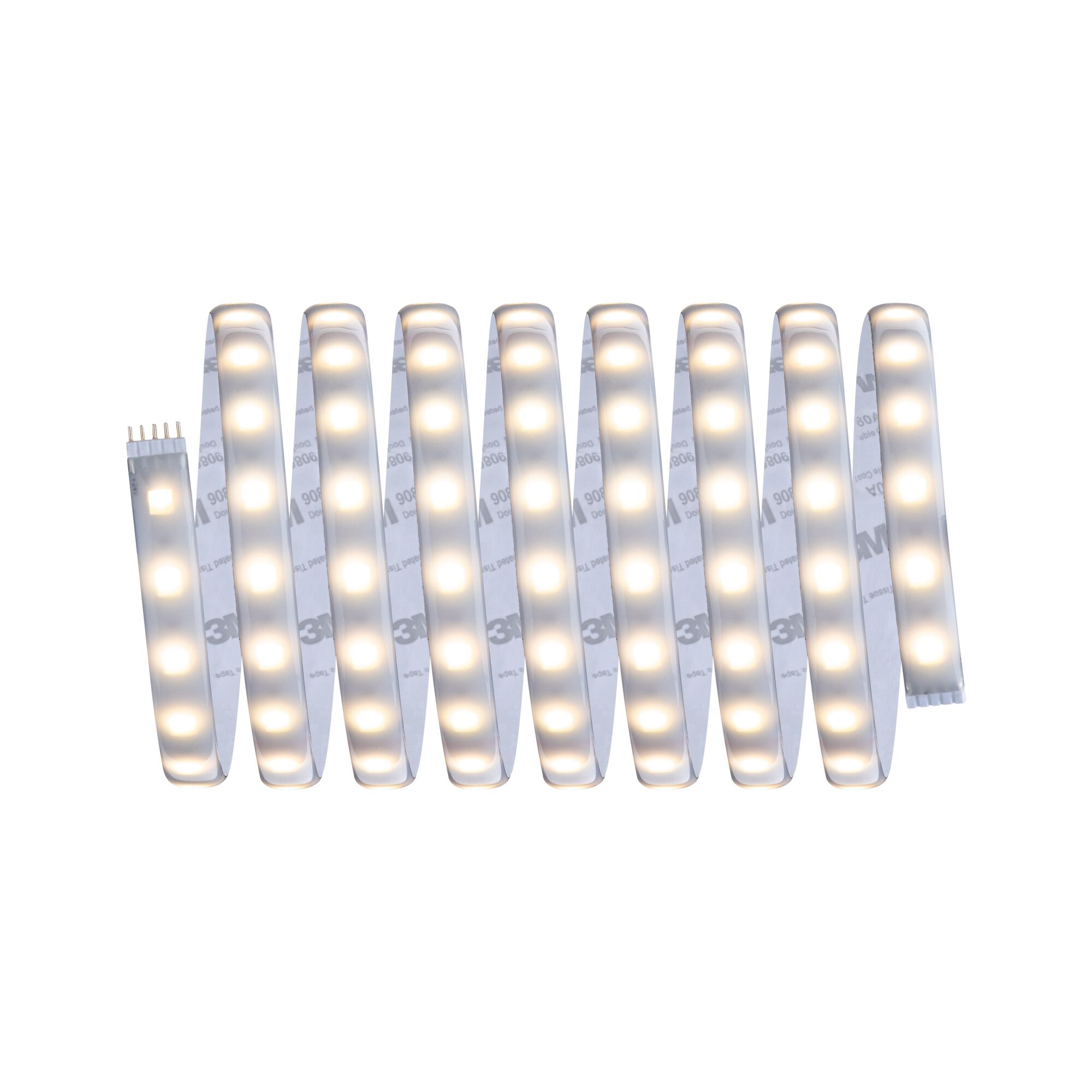 Flexible LED strip light with warm white glow and adhesive backing for versatile lighting solutions.