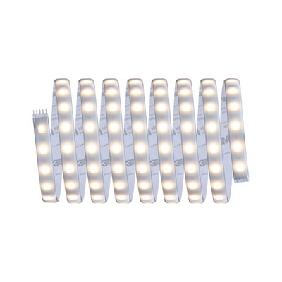 Flexible LED strip light with warm white glow and adhesive backing for versatile lighting solutions.