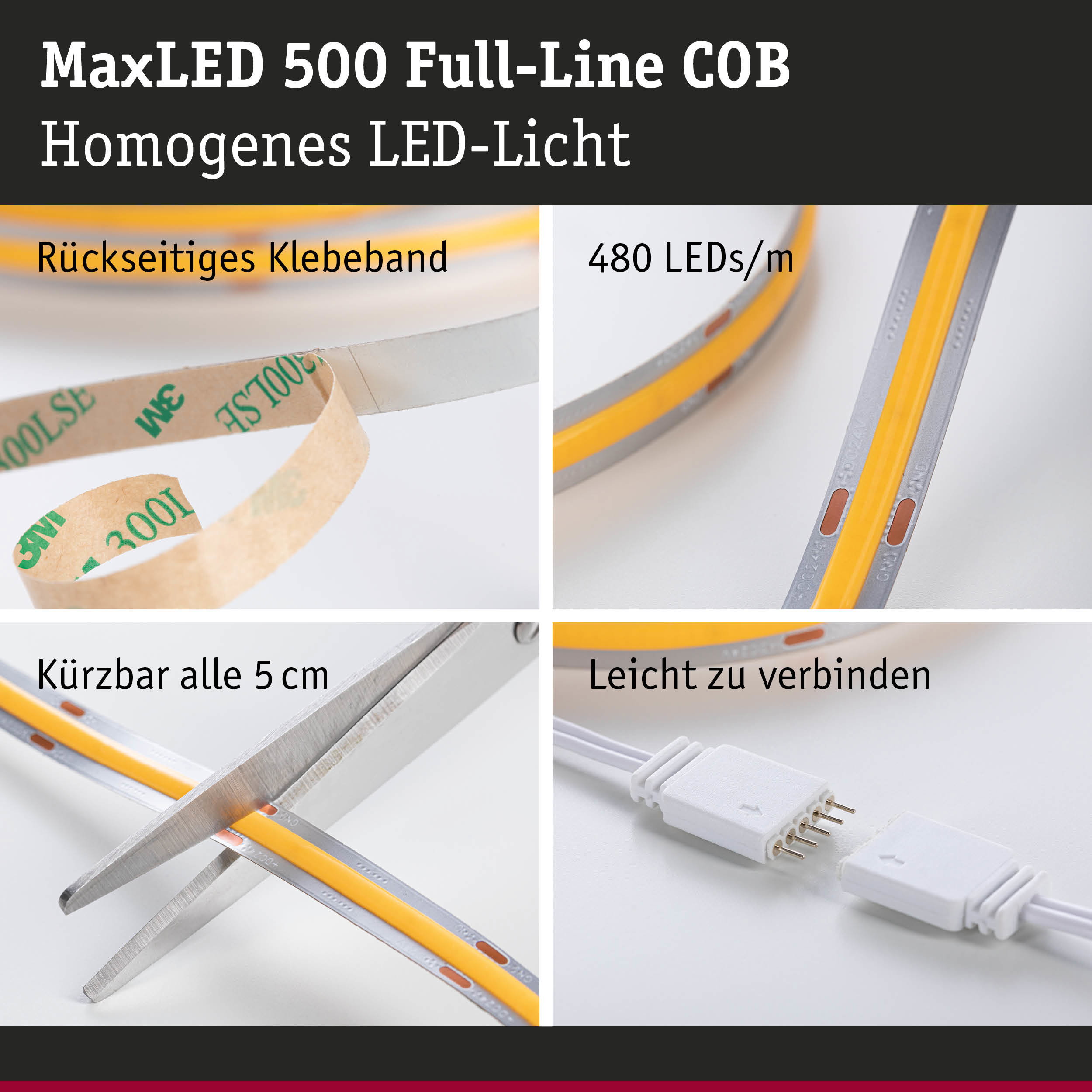 MaxLED 500 COB LED-Streifen mit rückseitigem Klebeband, 480 LEDs/m, kürzbar und leicht verbindbar