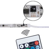 LED strip light with close-up of electronic components and remote control for lighting adjustment