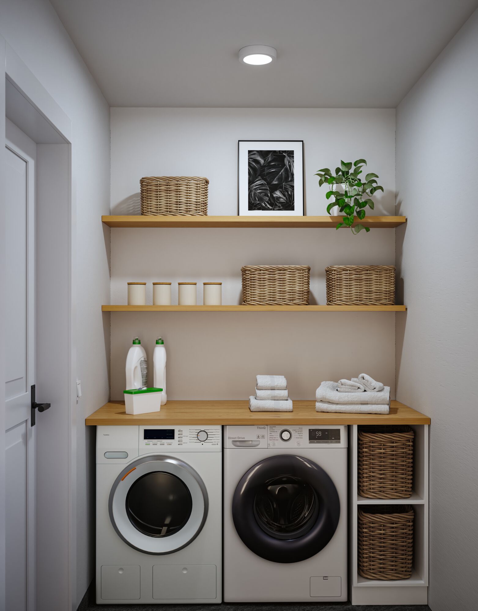 Modern white washing machine and dryer with wooden countertop and shelves with baskets and plant in laundry room