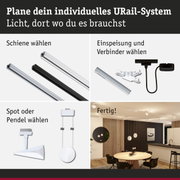 Modulares URail-Schienensystem in Schwarz und Weiß mit Spots und Pendelleuchten für flexible Raumbeleuchtung