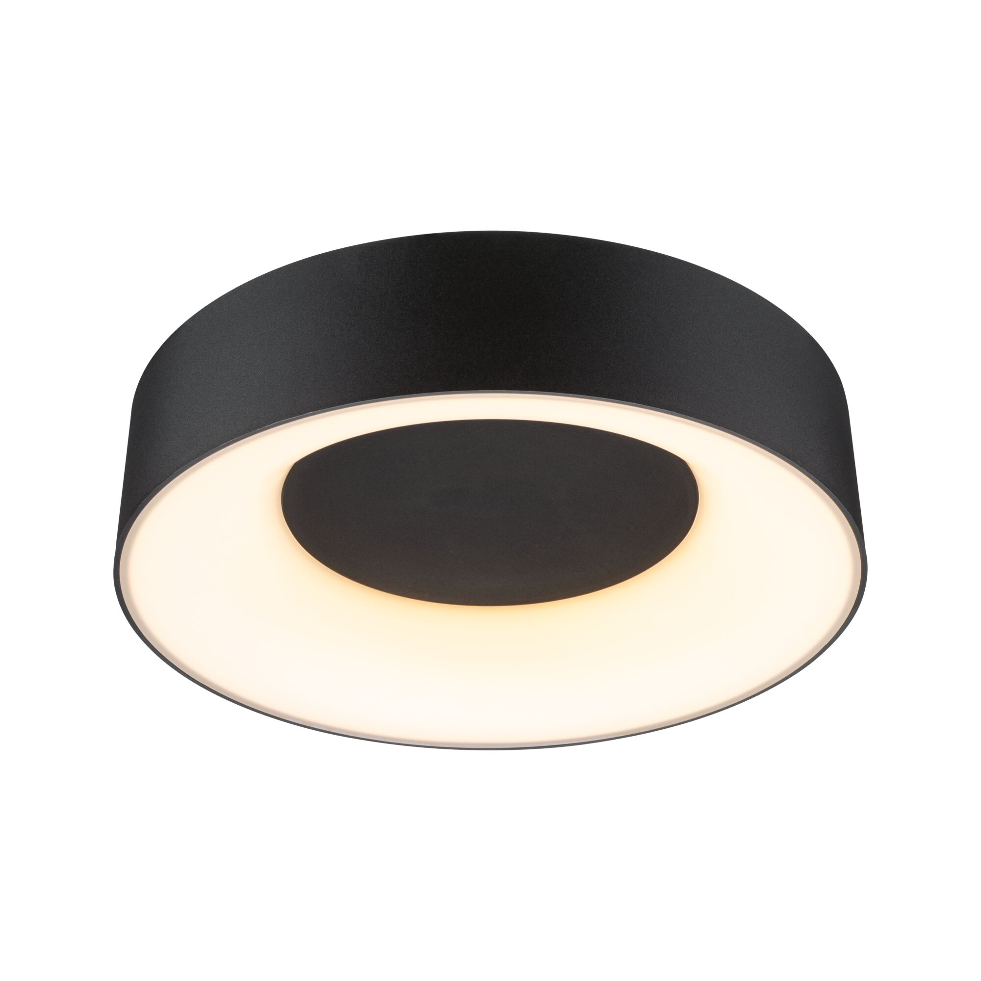 Ronde zwarte LED-plafondlamp met warm wit licht voor moderne woonruimtes