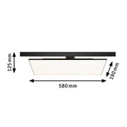 Schwarze LED-Deckenleuchte mit quadratischem, transparentem Diffusor und Maßen 580x580x125 mm