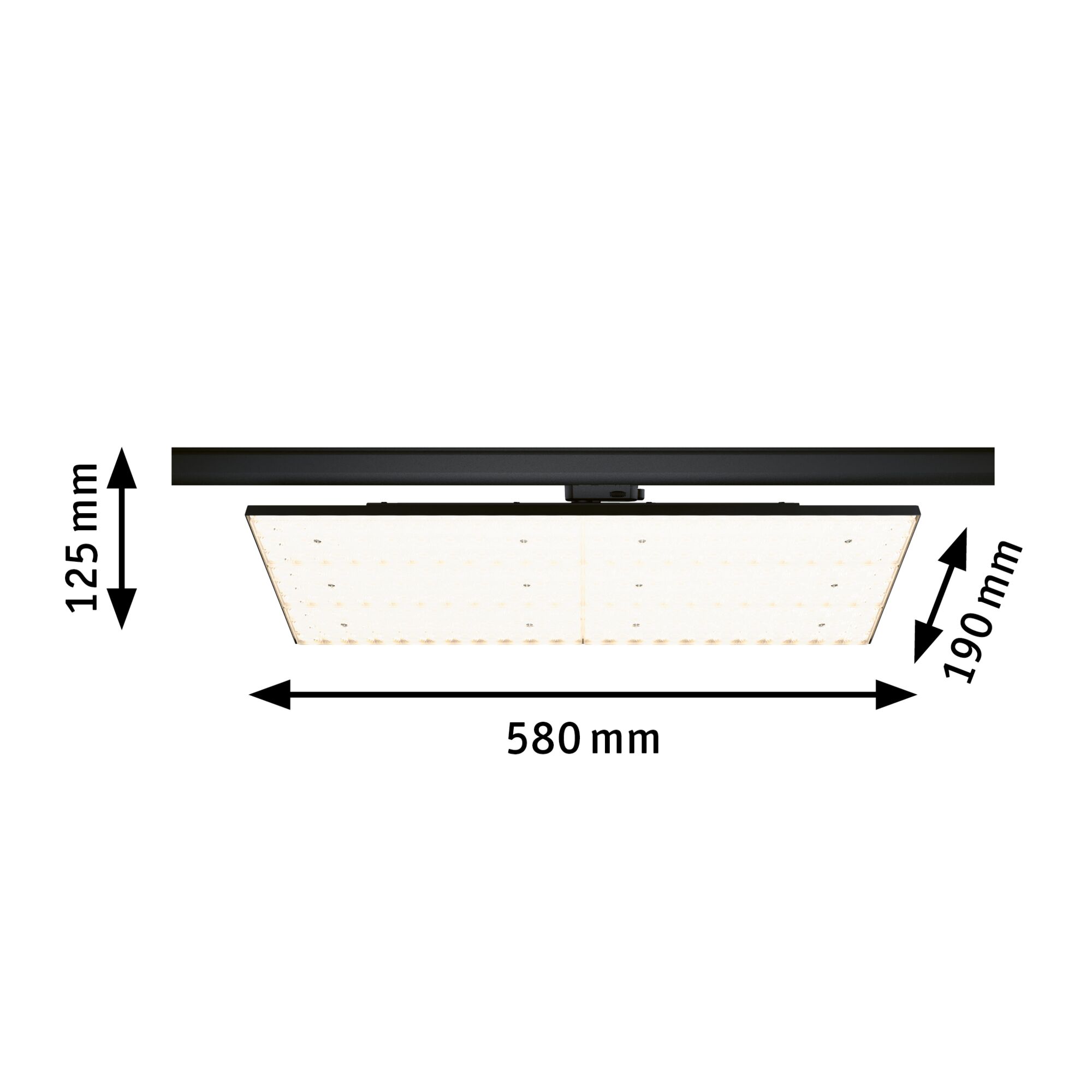 Schwarze LED-Deckenleuchte mit quadratischem, transparentem Diffusor und Maßen 580x580x125 mm