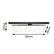 Schwarze LED-Deckenleuchte mit quadratischem, transparentem Diffusor und Maßen 580x580x125 mm