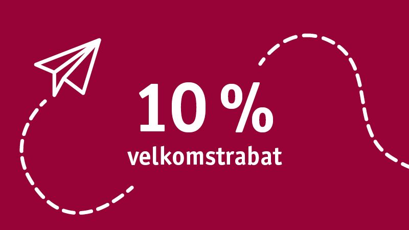 Rødt banner med hvidt papirfly og tekst 10 % velkomstrabat til online butikstilbud
