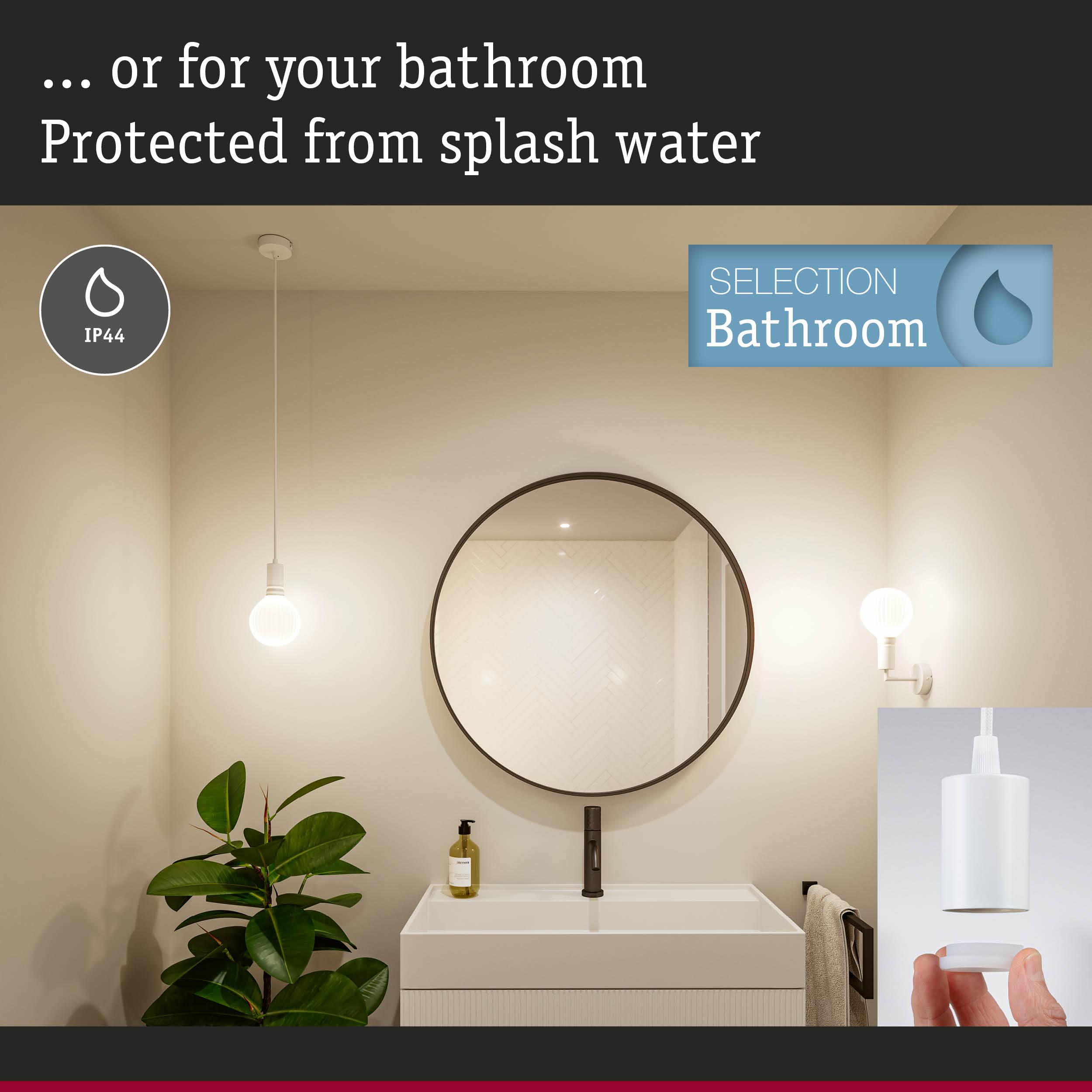 Modern bathroom lighting with white IP44 pendant lamp and round mirror suitable for splash water protection