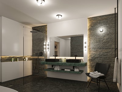 Modern bathroom with green marble vanity, black faucets, and indirect LED lighting for ambiance.