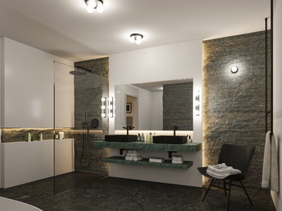 Moderne badkamer met groene marmeren wastafel, zwarte kranen en indirecte LED-verlichting.